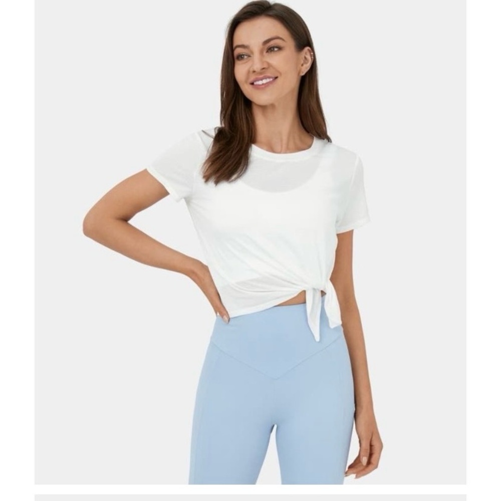 Halara Sheer Short Sleeve Split Hem Cropped Sports Top in White Size XL
